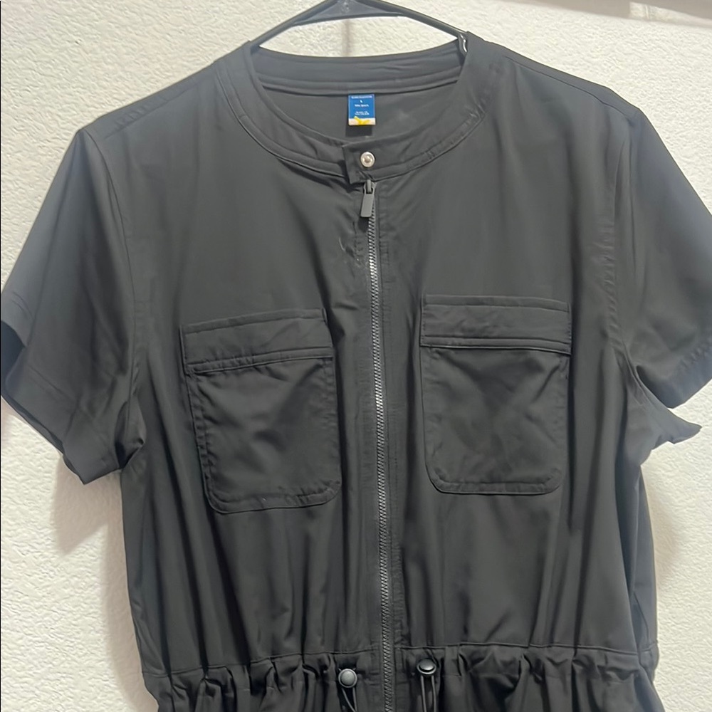 Black Short-Sleeve Zip Front Dress with Drawstring Waist